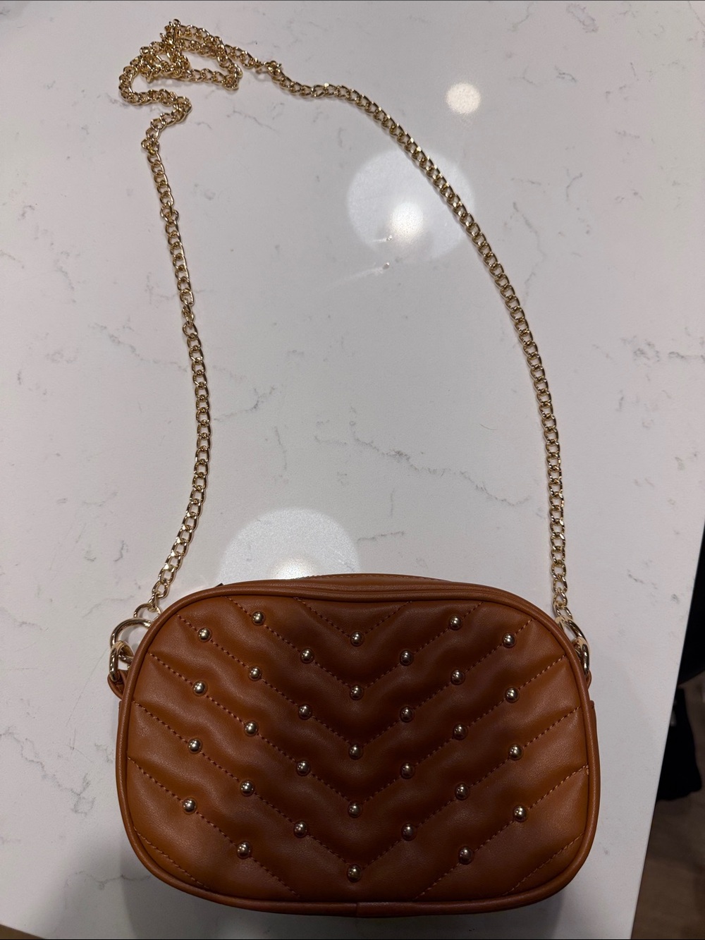 Quilted Cognac Crossbody Bag with Gold Chain Strap